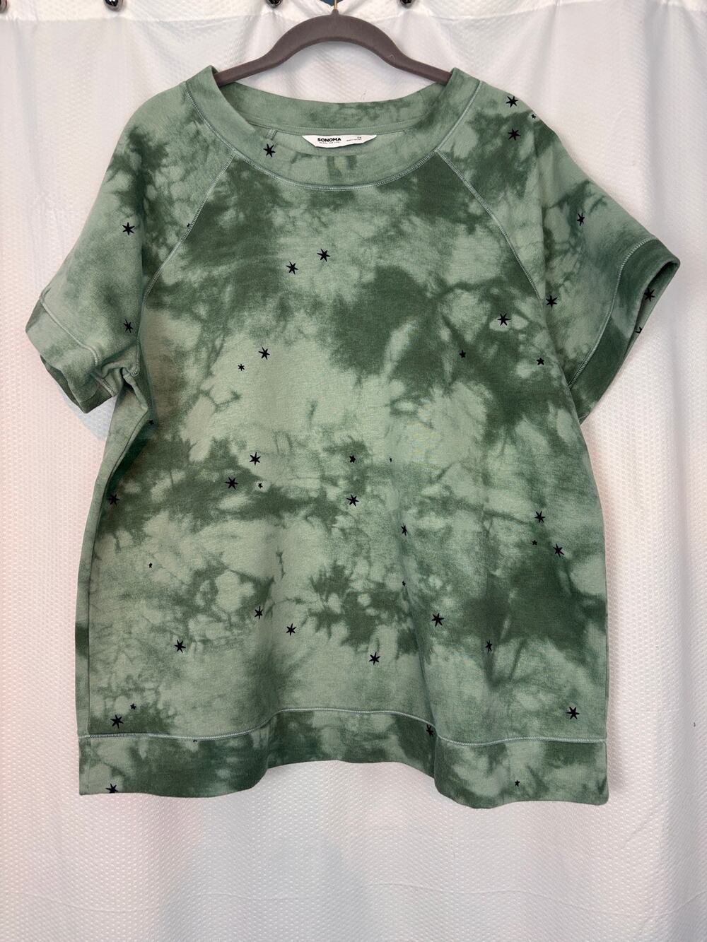 Sonoma short sleeve sweatshirt green tie-dye & stars, comfy soft lounge ware